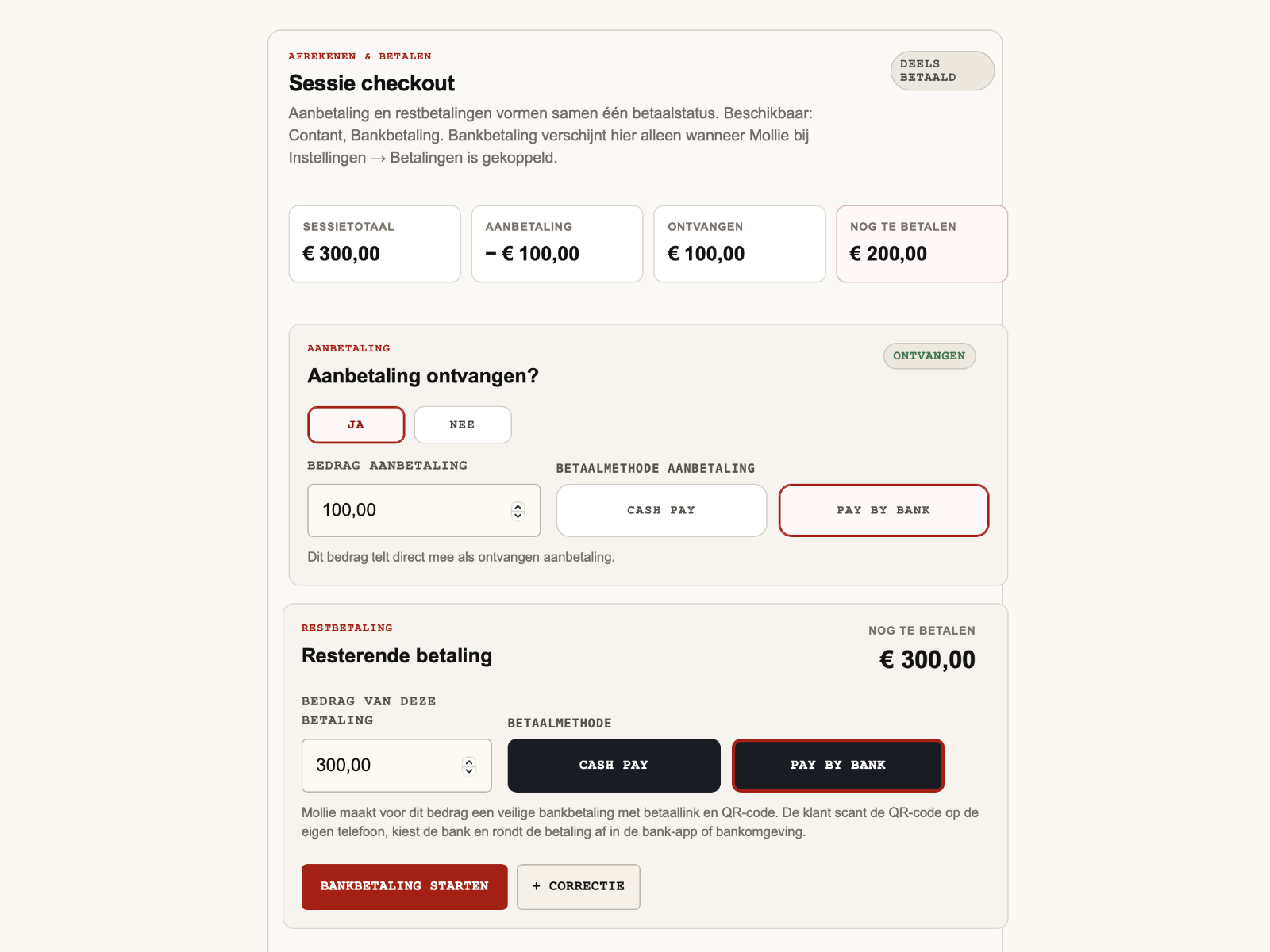 Tat2ops scherm: checkout betalingen