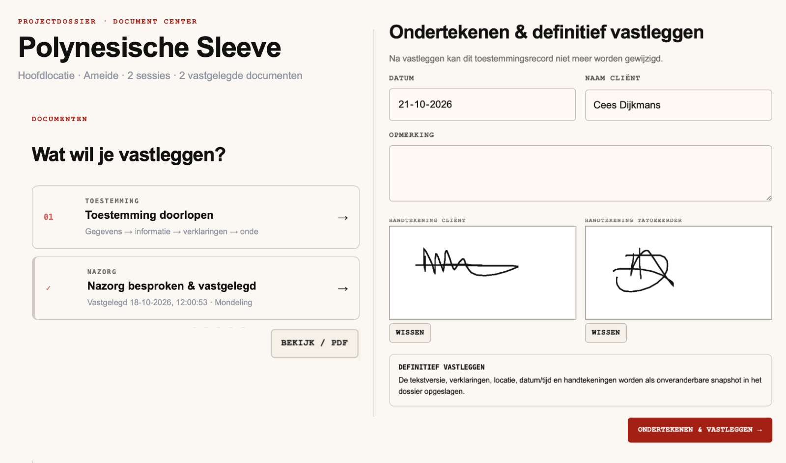 Tat2ops scherm: documenten en nazorg