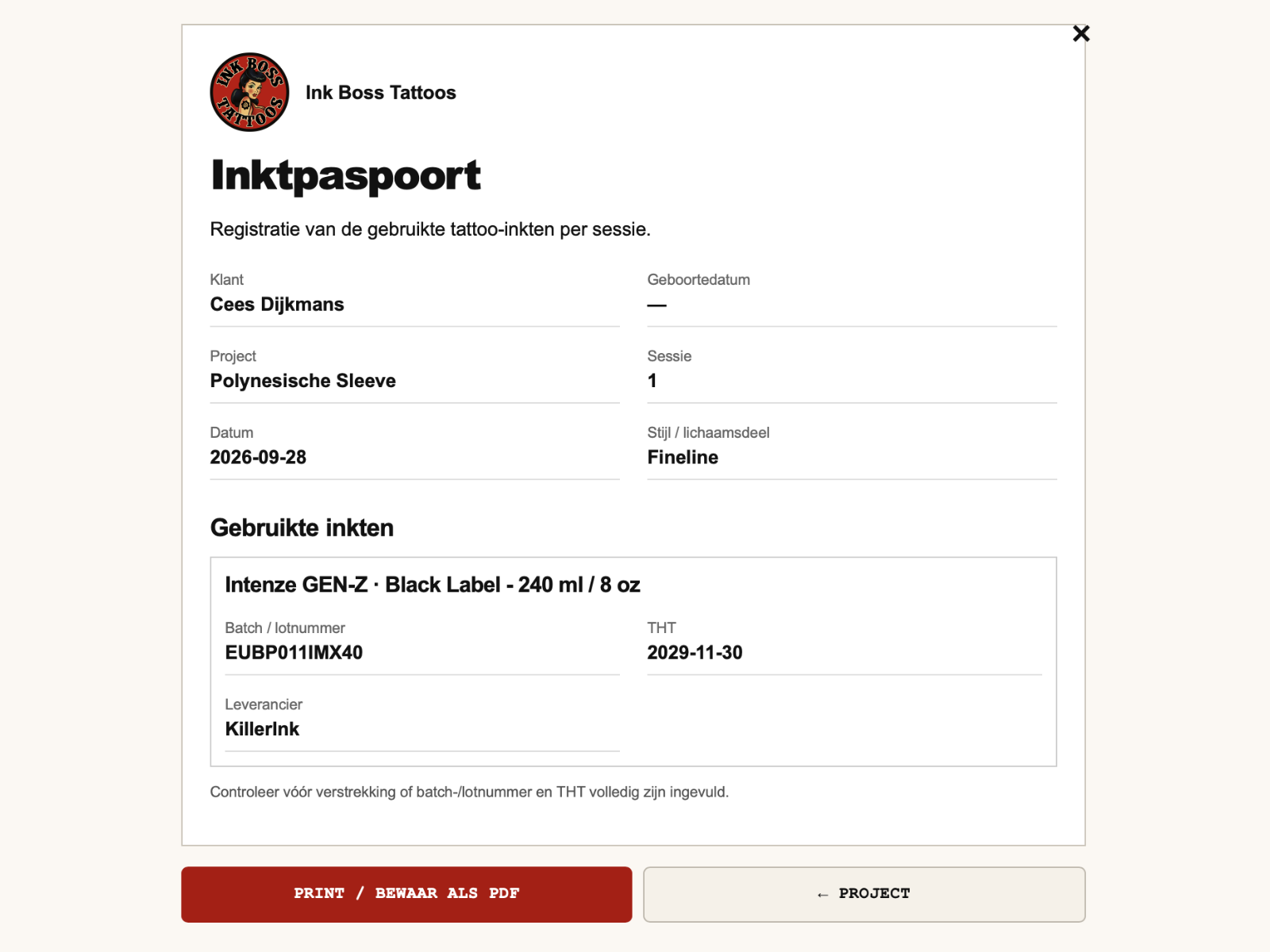 Tat2ops scherm: inktregister