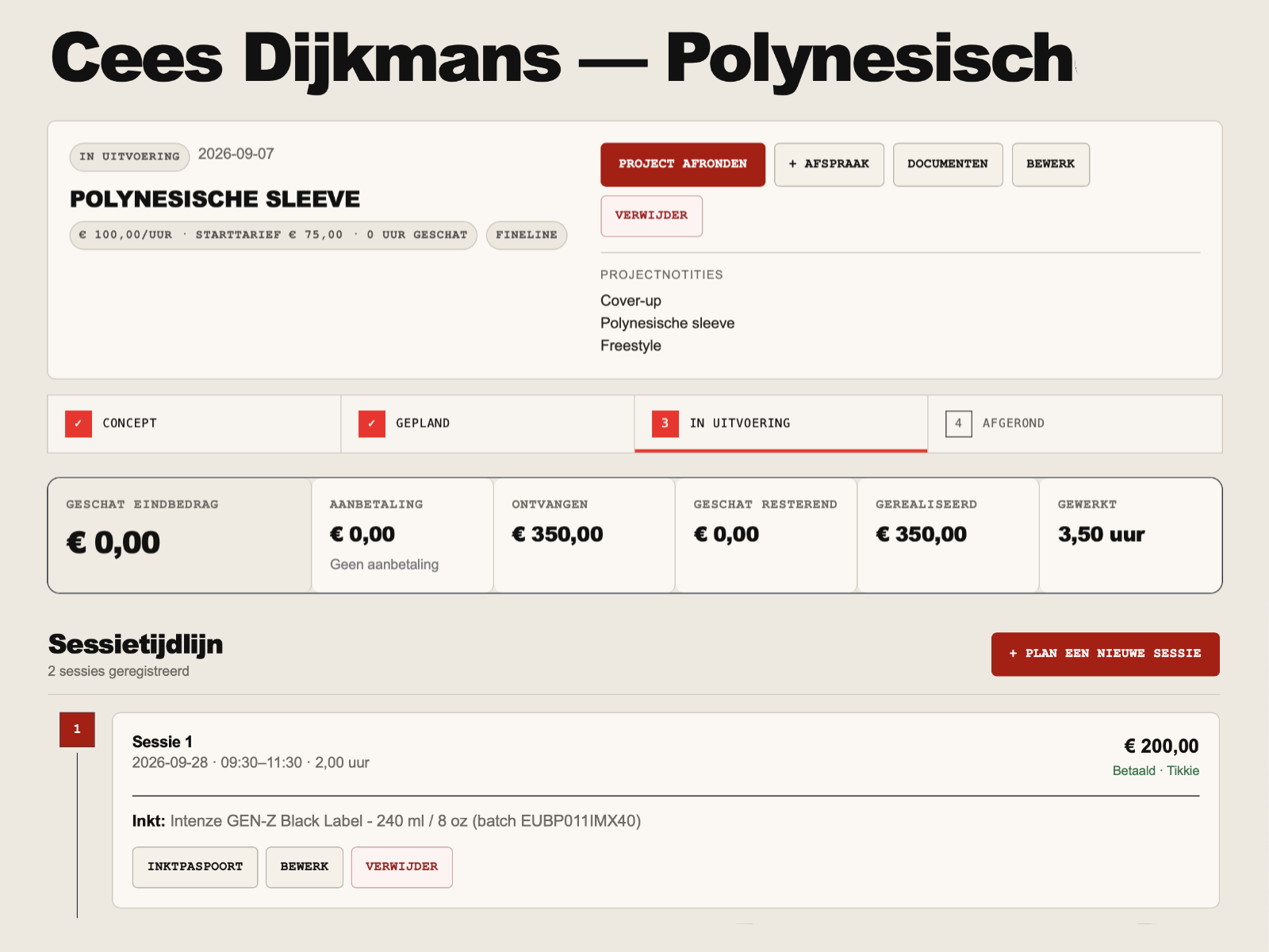 Tat2ops scherm: projecten sessies
