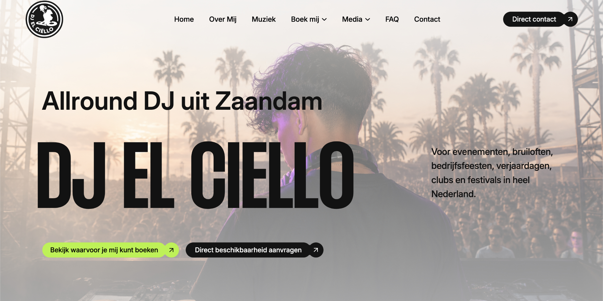 Desktopweergave van de door Brand Guru ontworpen website voor DJ EL Ciello