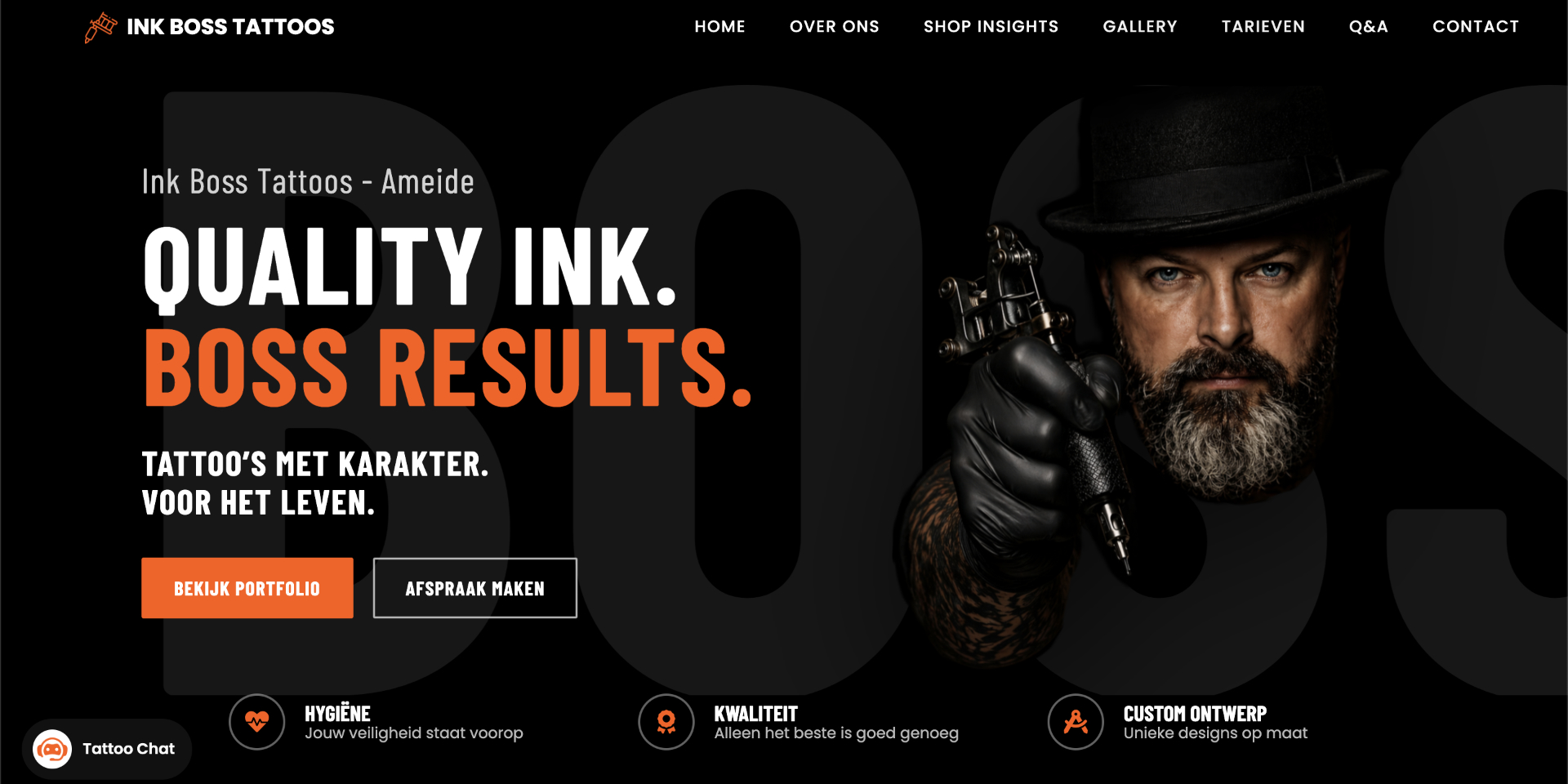 Desktopweergave van de door Brand Guru ontworpen website voor Ink Boss Tattoos